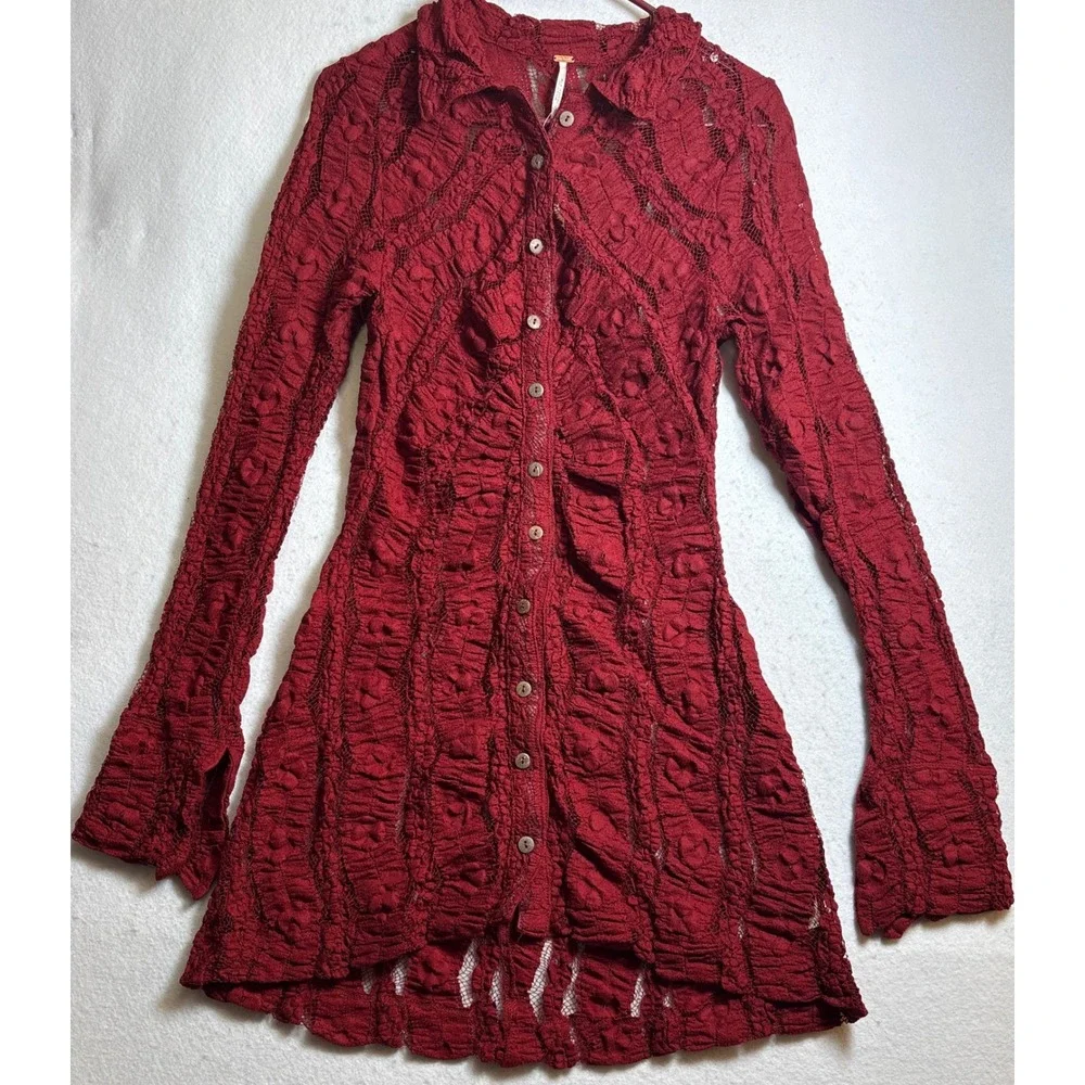 Free People Lace Mini Dress Dark Red Button Front Long Sleeve Small